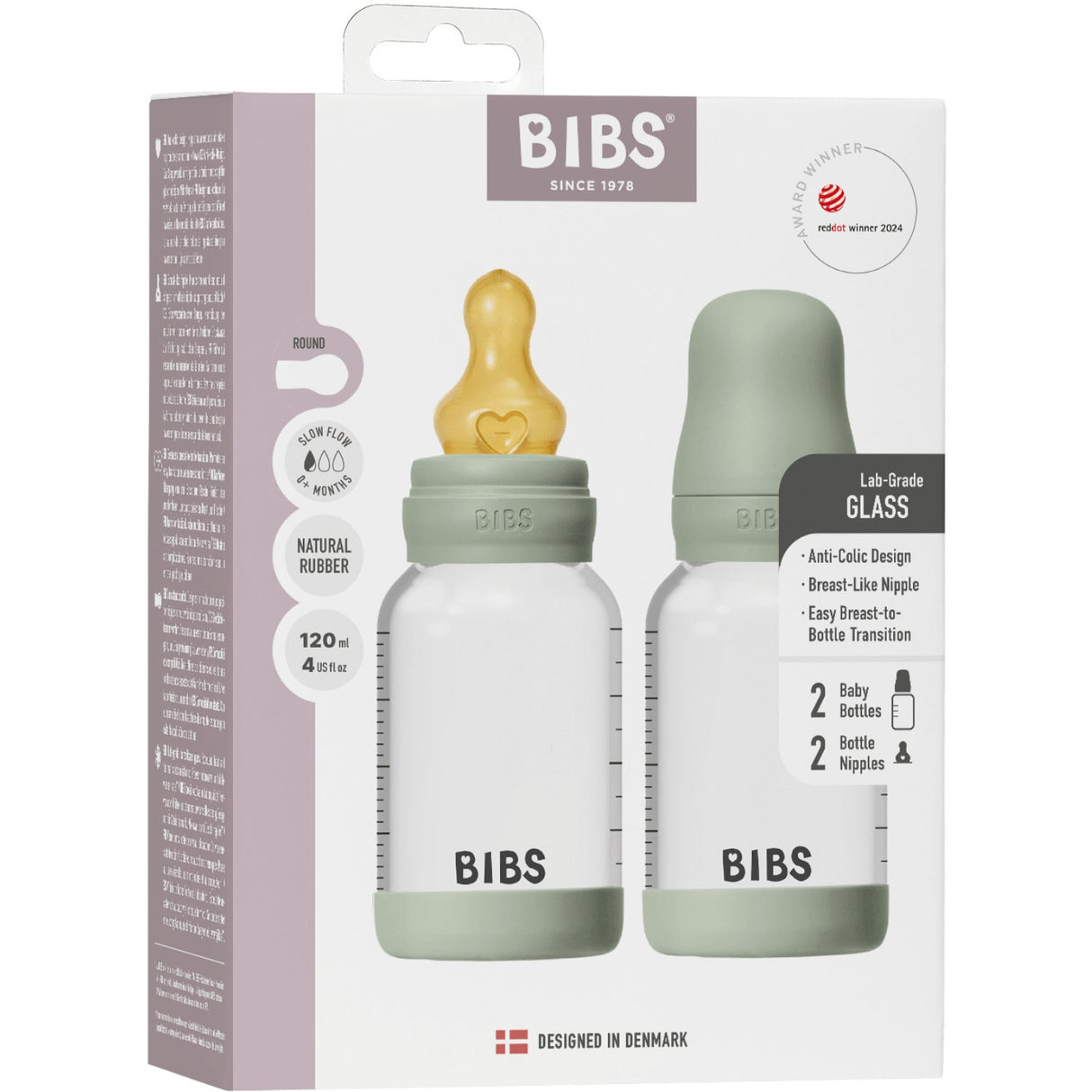 Bibs Sage Glass Baby Bottle Round Latex 2-Pack 120 Ml Slow Flow