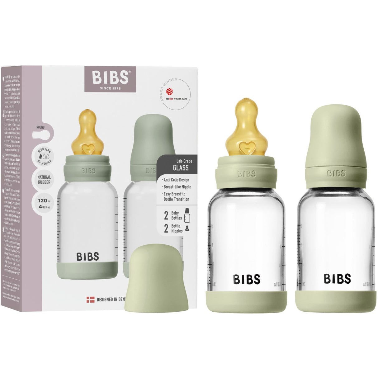 Bibs Sage Glass Baby Bottle Round Latex 2-Pack 120 Ml Slow Flow