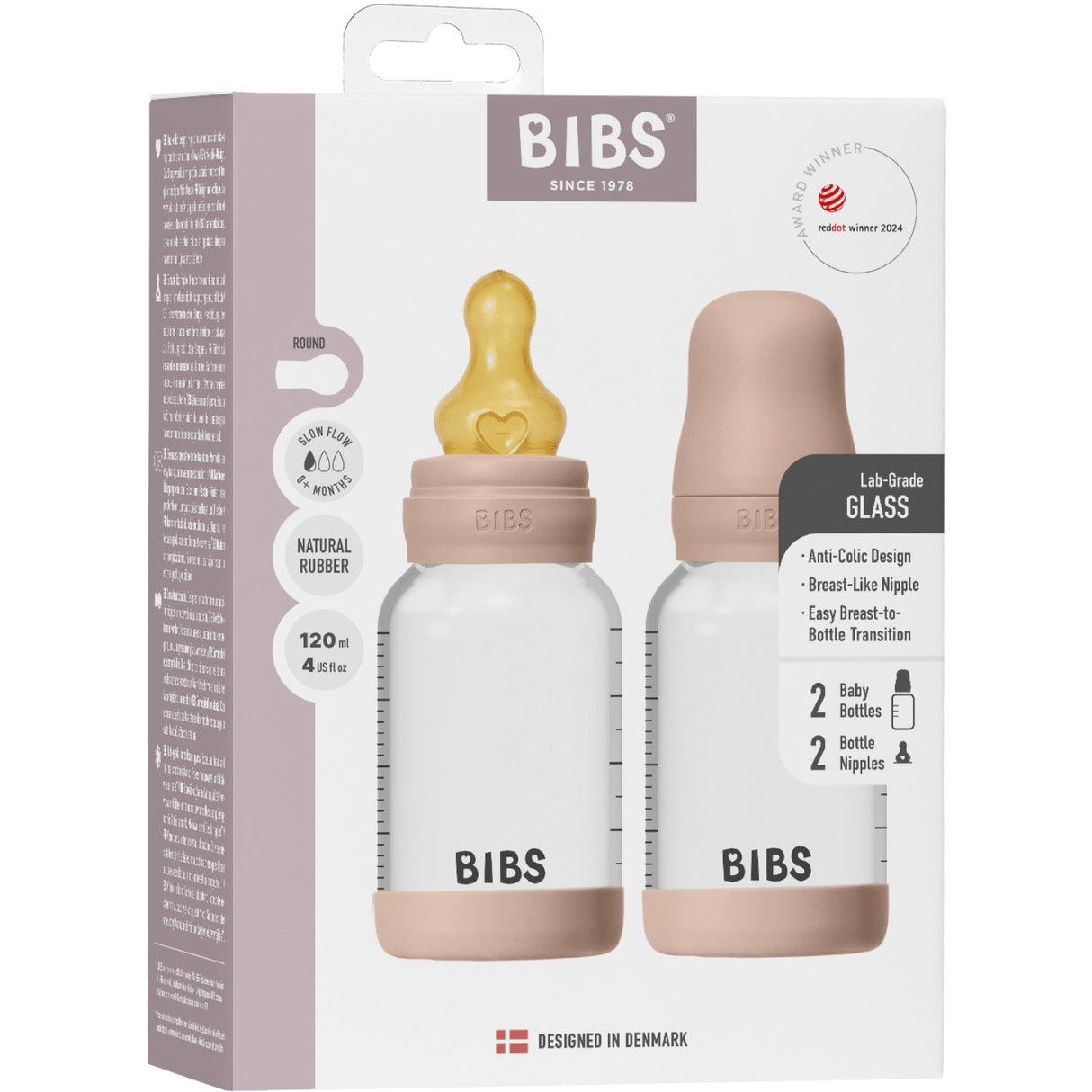 Bibs Blush Glass Baby Bottle Round Latex 2-Pack 120 Ml Slow Flow