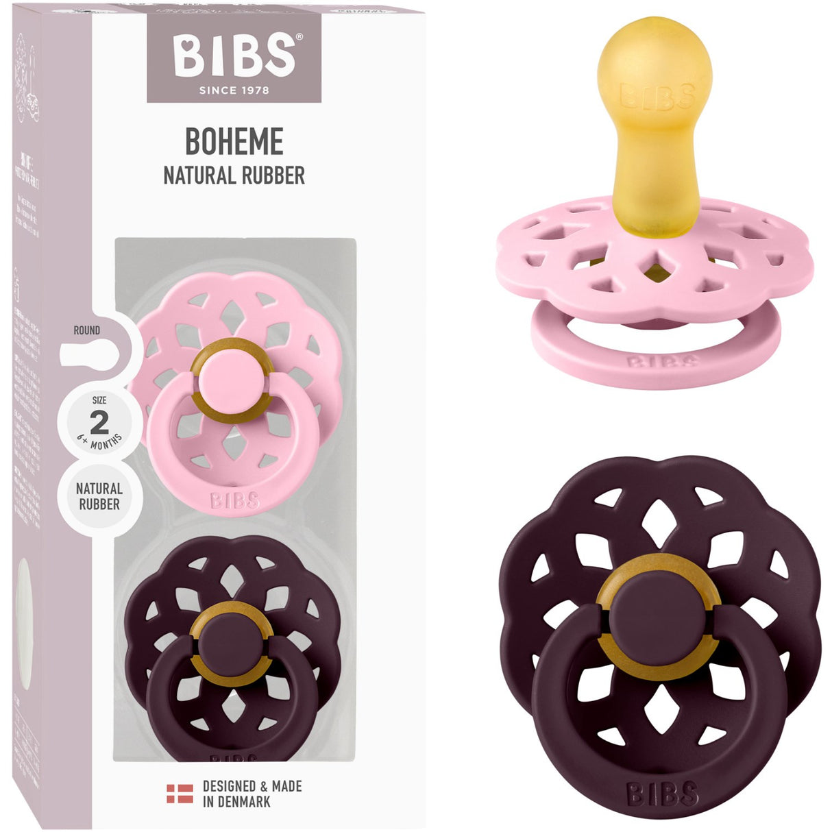 Bibs Pink/Plum Pacifier Boheme 2-Pack Latex