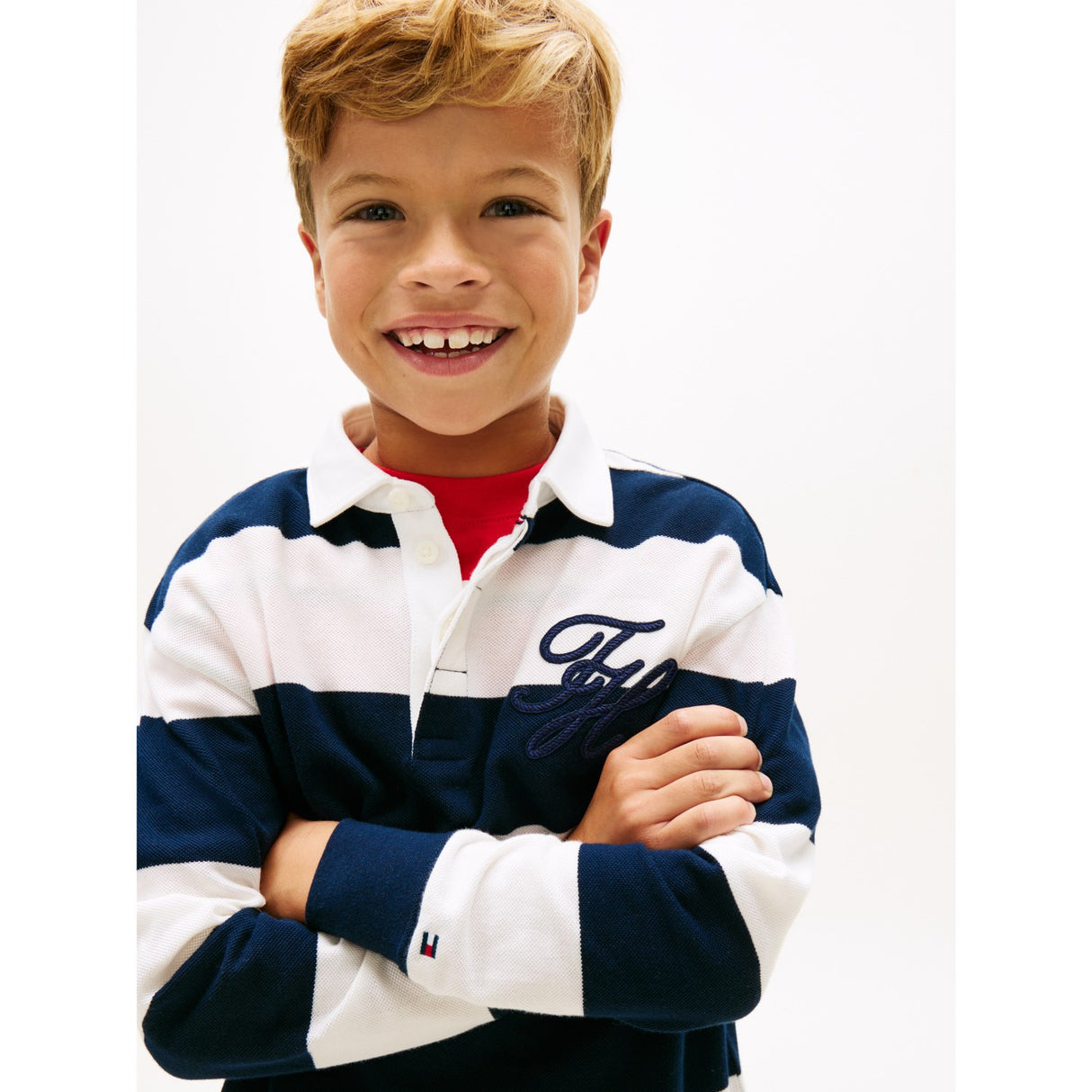 Tommy Hilfiger Dark Night Navy Stripe Th Script Graphic Rugby Polo Ls