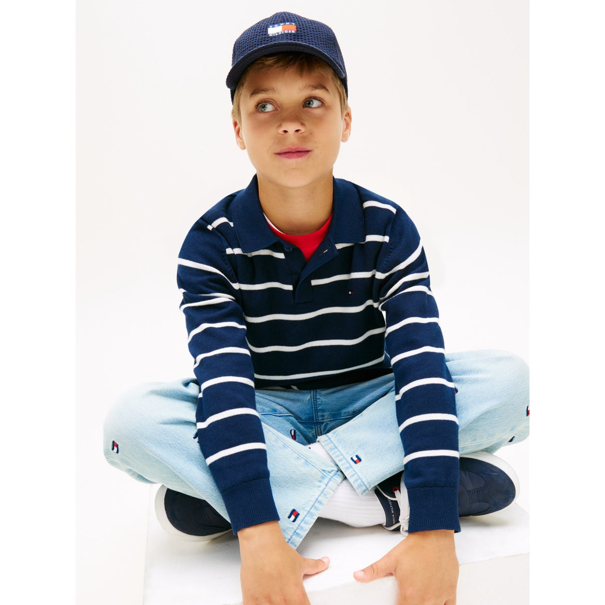 Tommy Hilfiger Dark Night Navy Stripe Polo Collar Sweater Ls