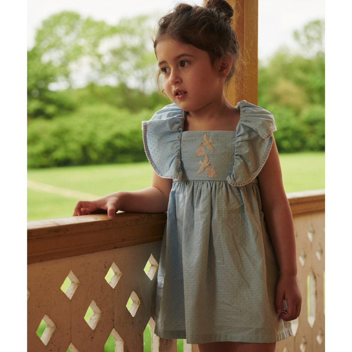 COPENHAGEN COLORS Lt. Blue Comb. Dress W. Frill & Emb.