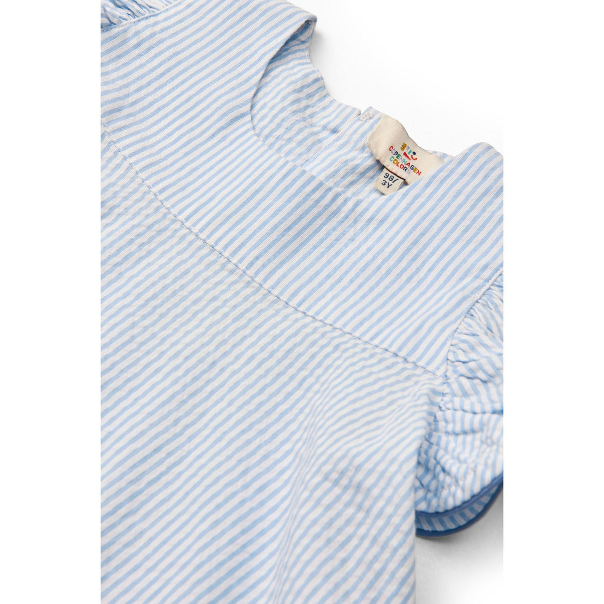 COPENHAGEN COLORS Sky Blue W Cream Stripe W Ocean Blue Seersucker Dress W. Frill Sleeves