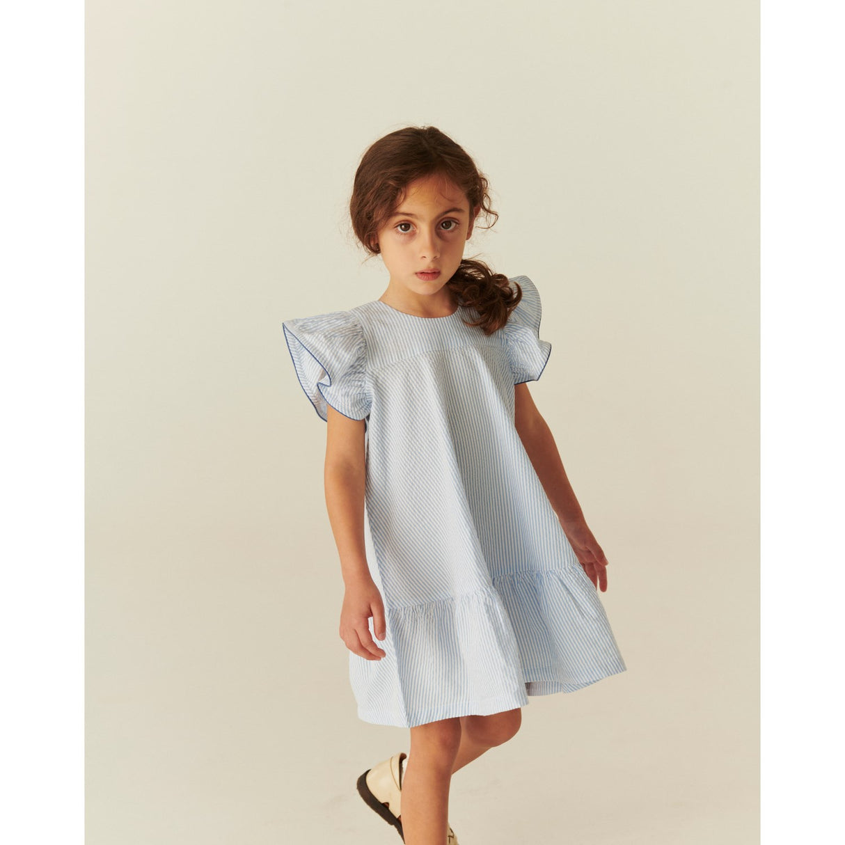 COPENHAGEN COLORS Sky Blue W Cream Stripe W Ocean Blue Seersucker Dress W. Frill Sleeves