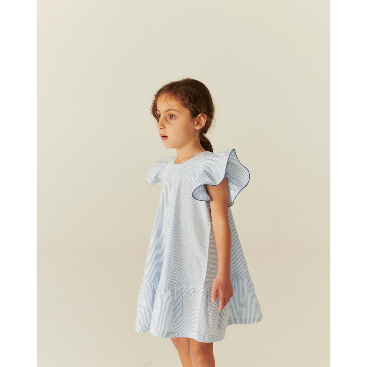 COPENHAGEN COLORS Sky Blue W Cream Stripe W Ocean Blue Seersucker Dress W. Frill Sleeves