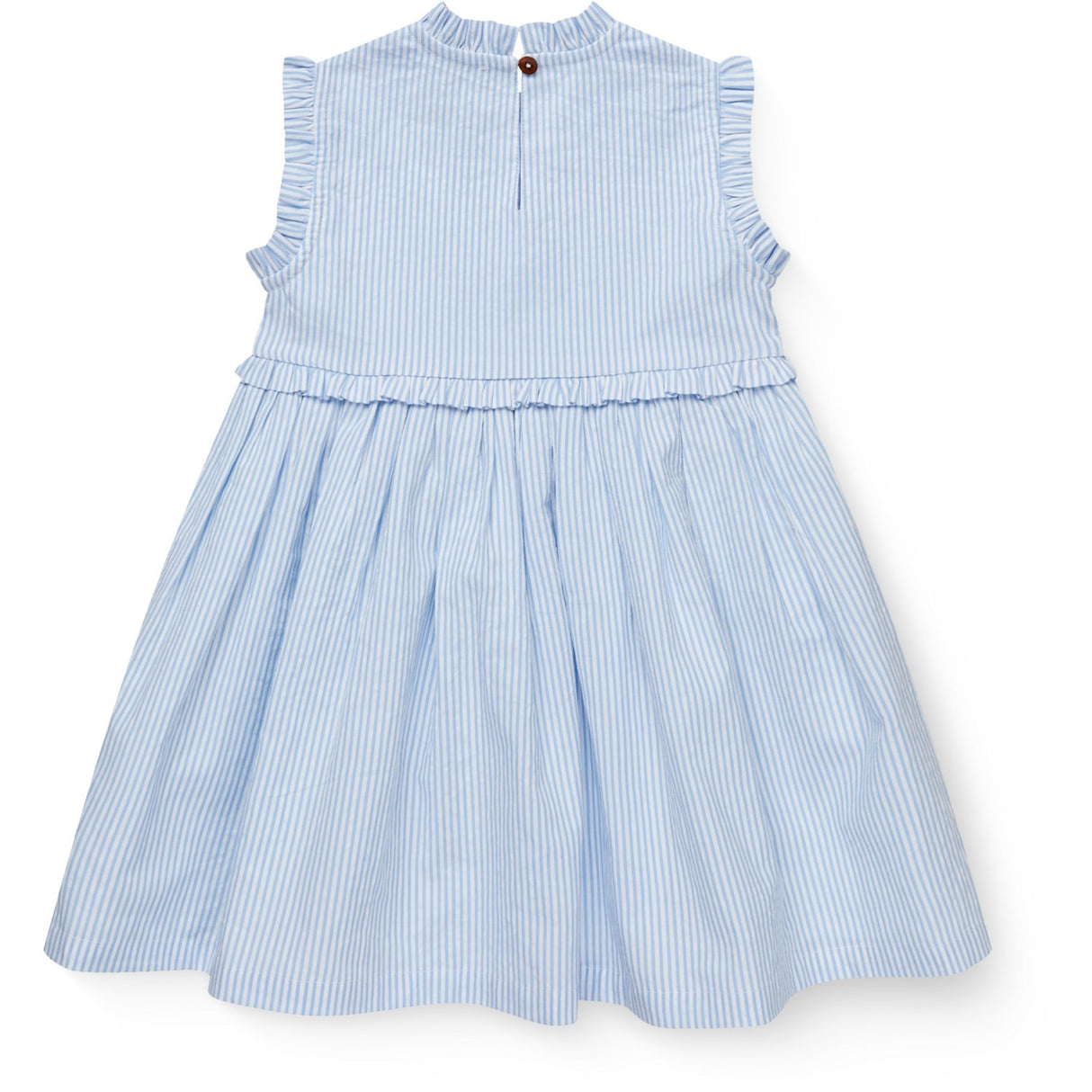 COPENHAGEN COLORS Sky Blue W Cream Stripe Seersucker Dress W. Ruffles And Emb.