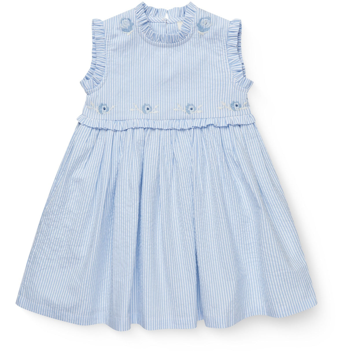 COPENHAGEN COLORS Sky Blue W Cream Stripe Seersucker Dress W. Ruffles And Emb.