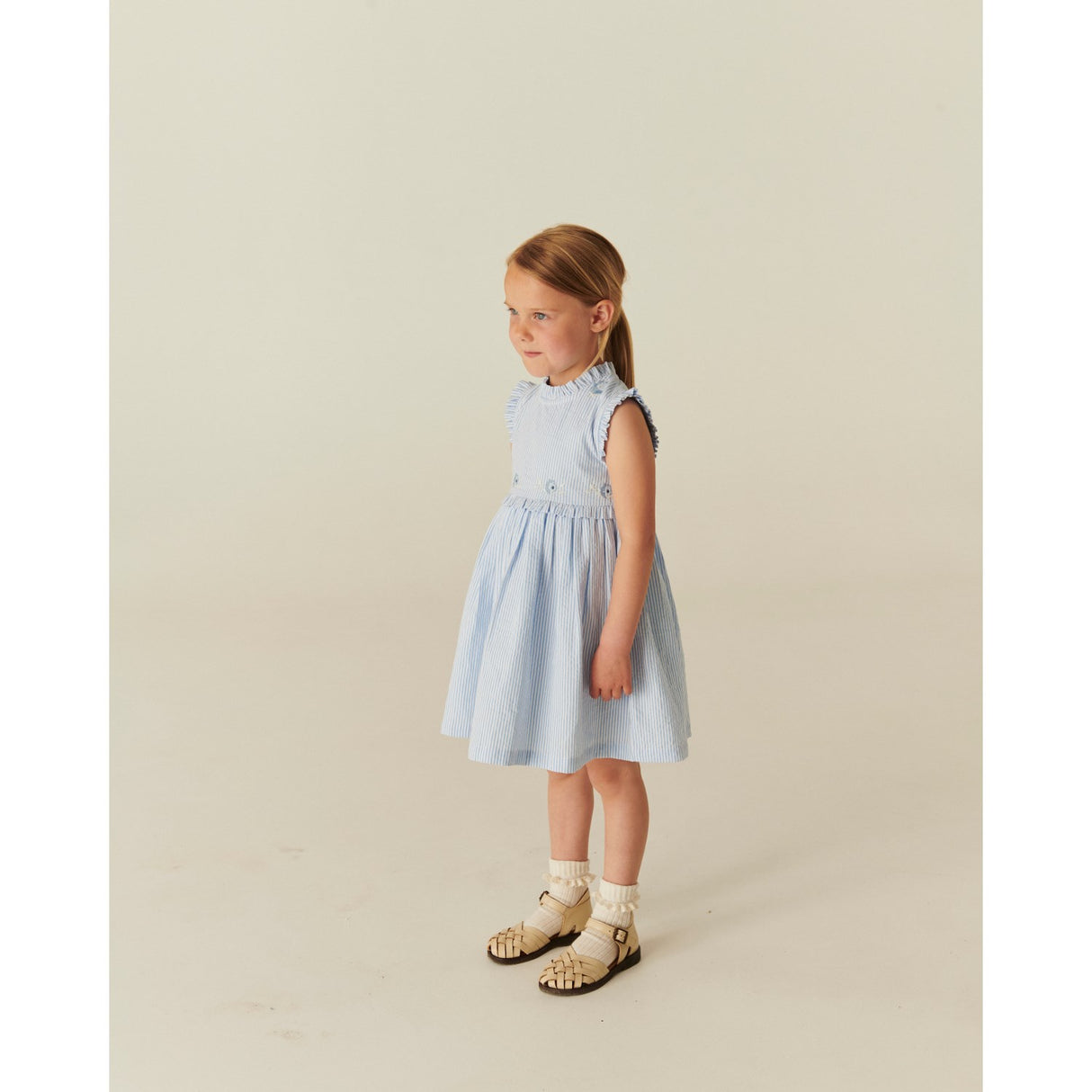 COPENHAGEN COLORS Sky Blue W Cream Stripe Seersucker Dress W. Ruffles And Emb.