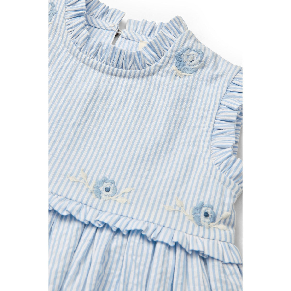 COPENHAGEN COLORS Sky Blue W Cream Stripe Seersucker Dress W. Ruffles And Emb.