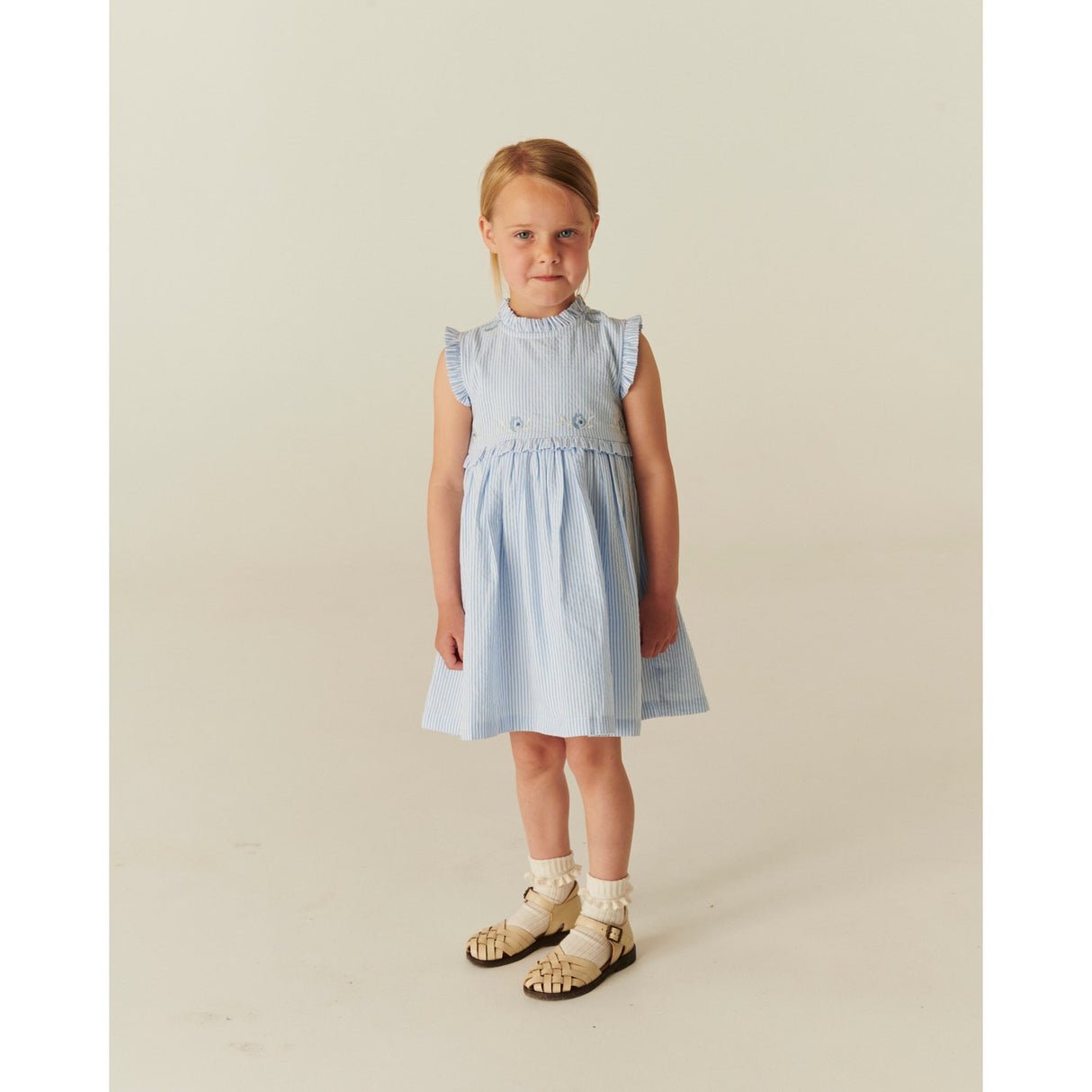 COPENHAGEN COLORS Sky Blue W Cream Stripe Seersucker Dress W. Ruffles And Emb.