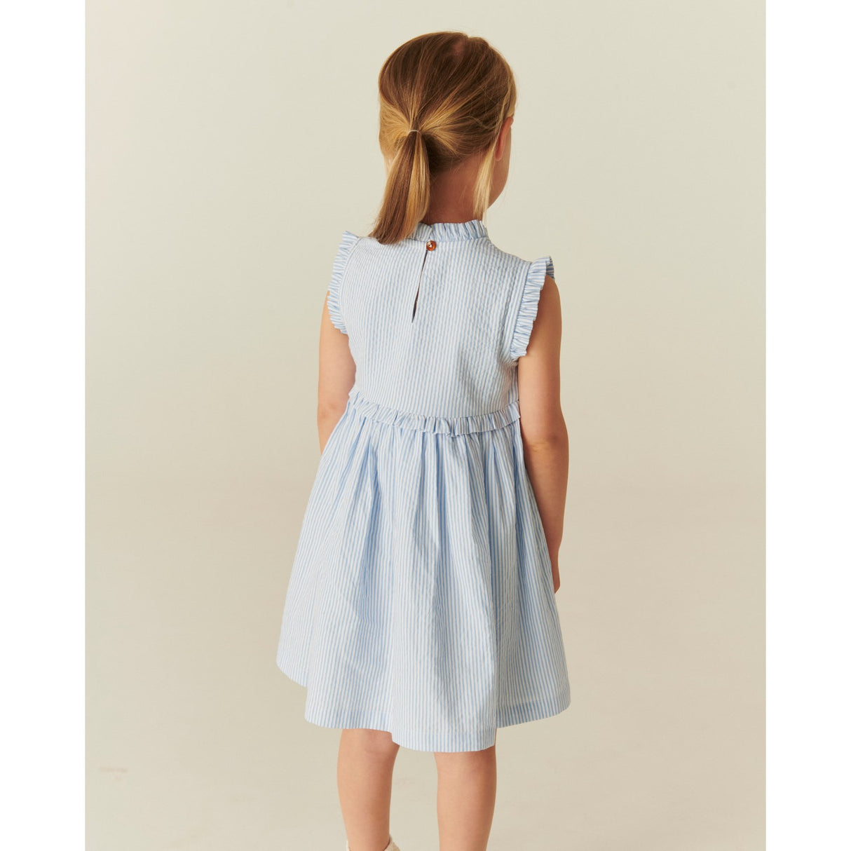 COPENHAGEN COLORS Sky Blue W Cream Stripe Seersucker Dress W. Ruffles And Emb.