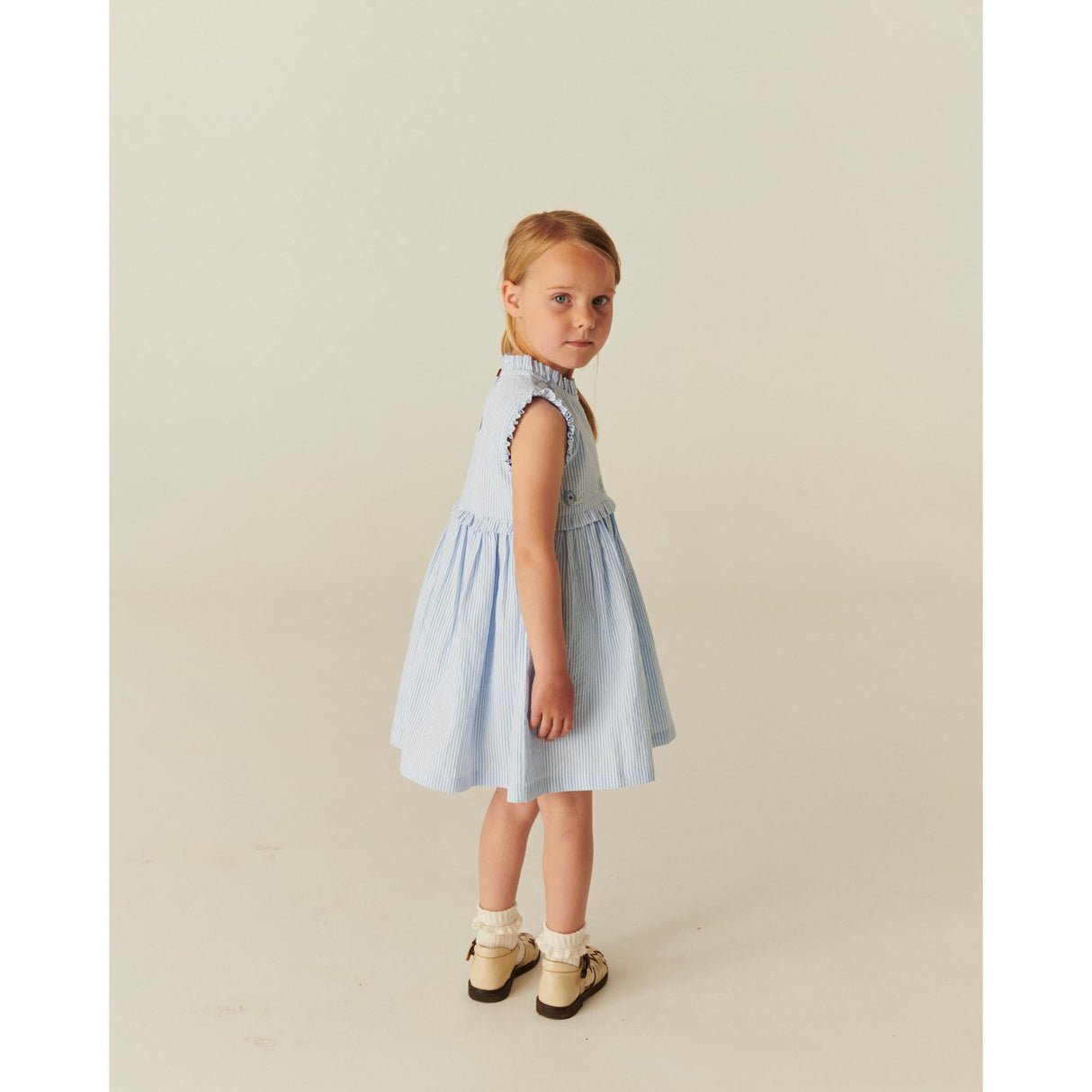 COPENHAGEN COLORS Sky Blue W Cream Stripe Seersucker Dress W. Ruffles And Emb.
