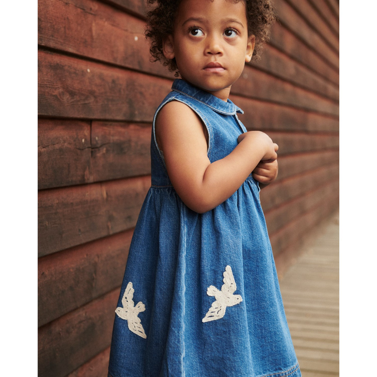 COPENHAGEN COLORS Indigo Blue Washed Denim Dress W. Crochet Doves