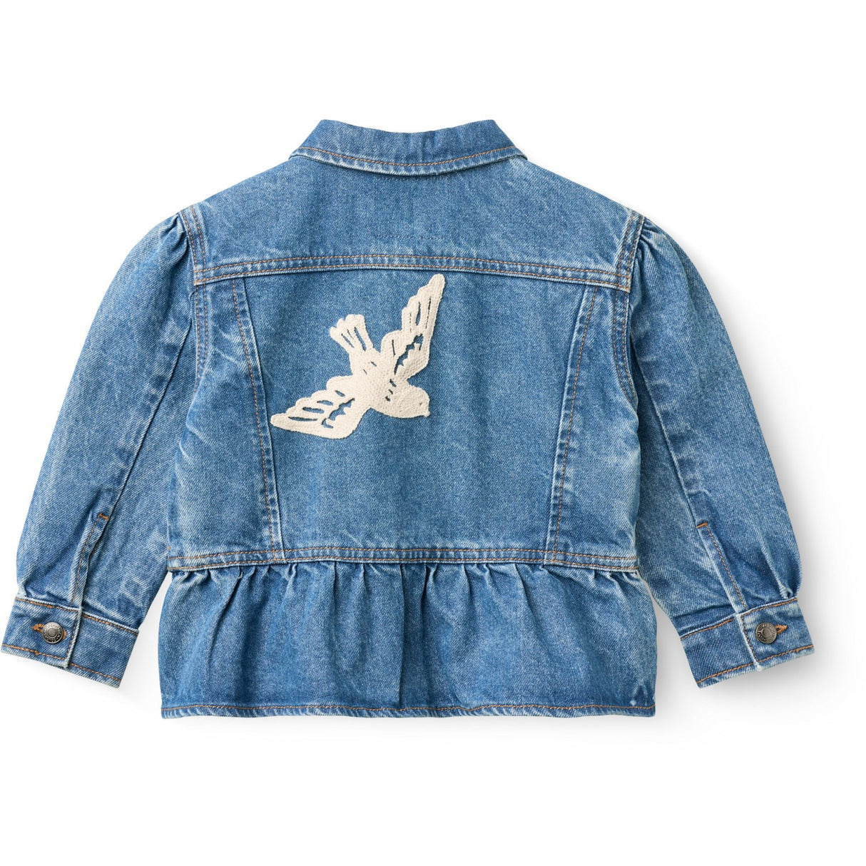 COPENHAGEN COLORS Indigo Blue Washed Denim Frill Jacket W. Crochet Doves