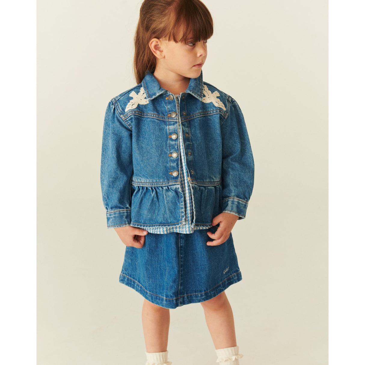 COPENHAGEN COLORS Indigo Blue Washed Denim Frill Jacket W. Crochet Doves