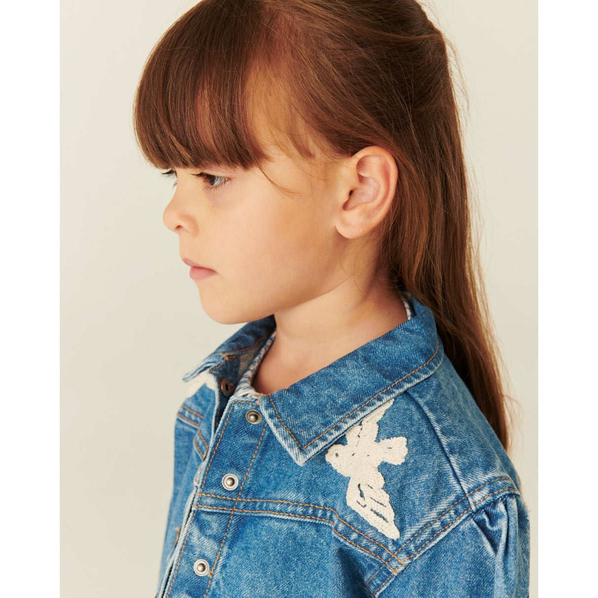 COPENHAGEN COLORS Indigo Blue Washed Denim Frill Jacket W. Crochet Doves