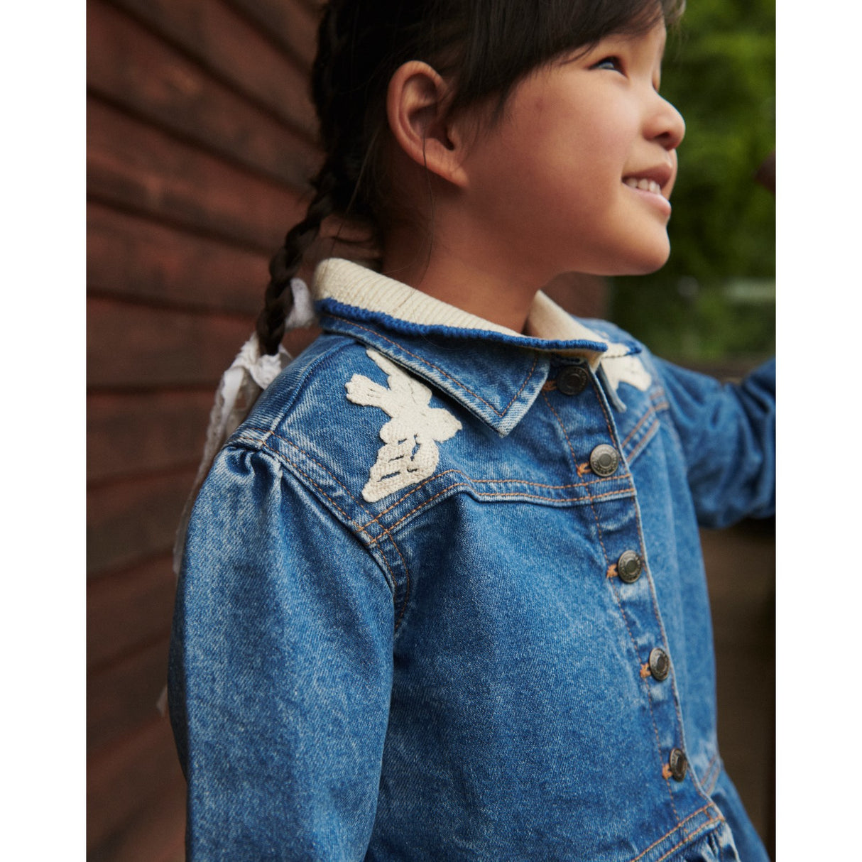 COPENHAGEN COLORS Indigo Blue Washed Denim Frill Jacket W. Crochet Doves