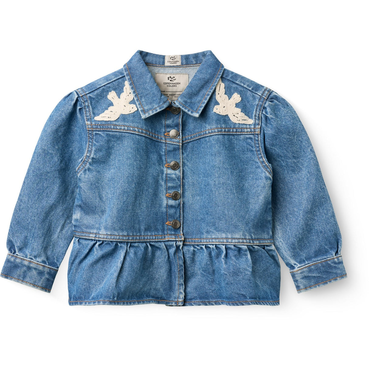 COPENHAGEN COLORS Indigo Blue Washed Denim Frill Jacket W. Crochet Doves
