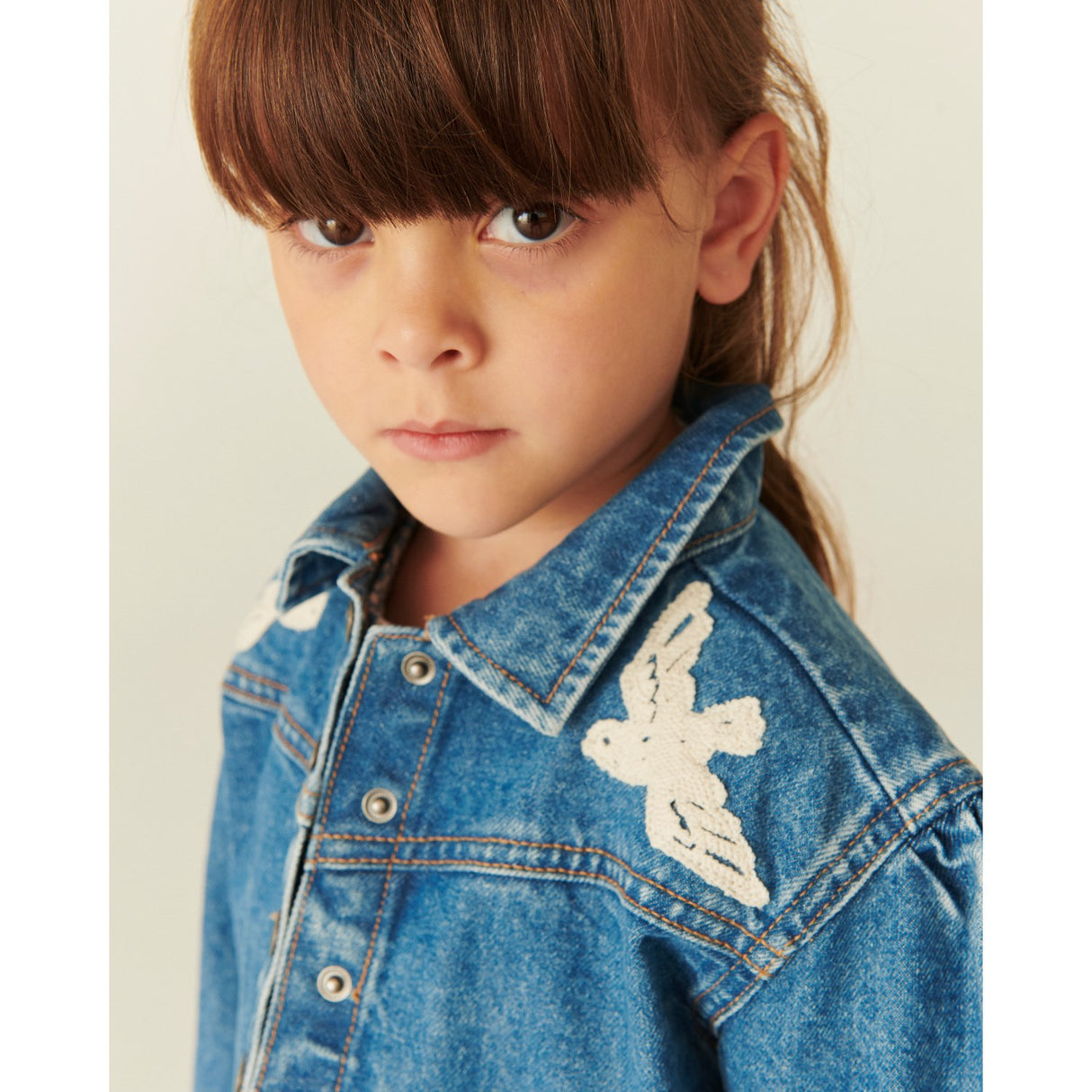 COPENHAGEN COLORS Indigo Blue Washed Denim Frill Jacket W. Crochet Doves