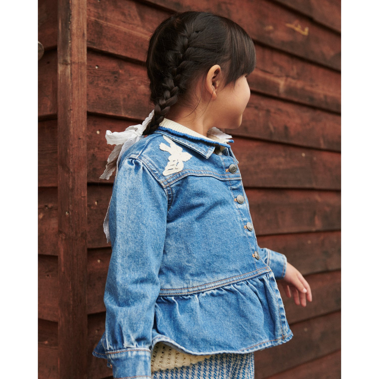 COPENHAGEN COLORS Indigo Blue Washed Denim Frill Jacket W. Crochet Doves