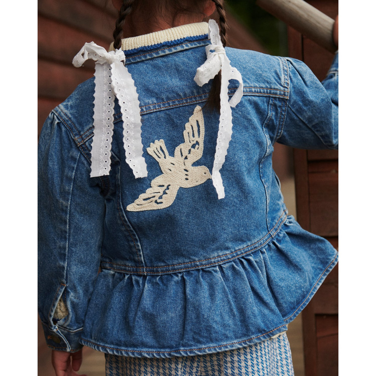 COPENHAGEN COLORS Indigo Blue Washed Denim Frill Jacket W. Crochet Doves