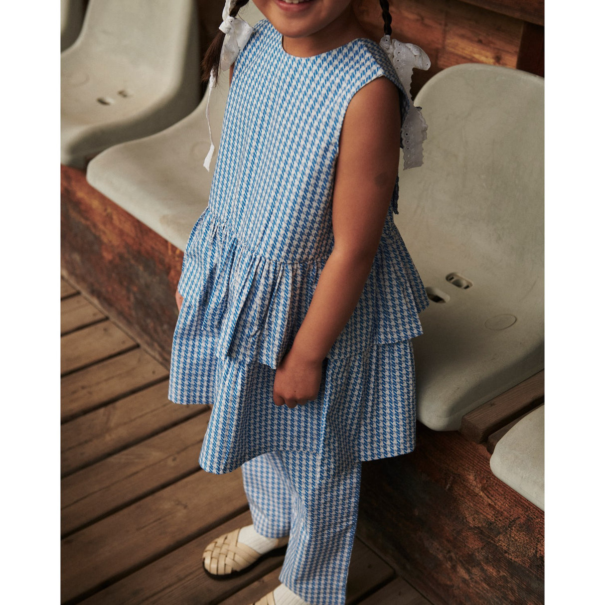 COPENHAGEN COLORS Blue Houndstooth Mini Houndstooth Dress W. Bow