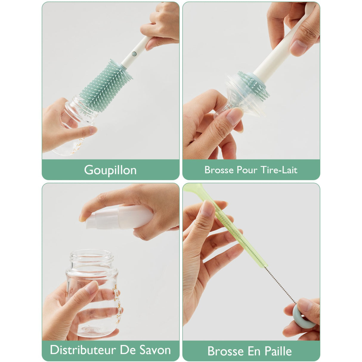 Momcozy Green 7 In 1 Baby Bottle Brush Set