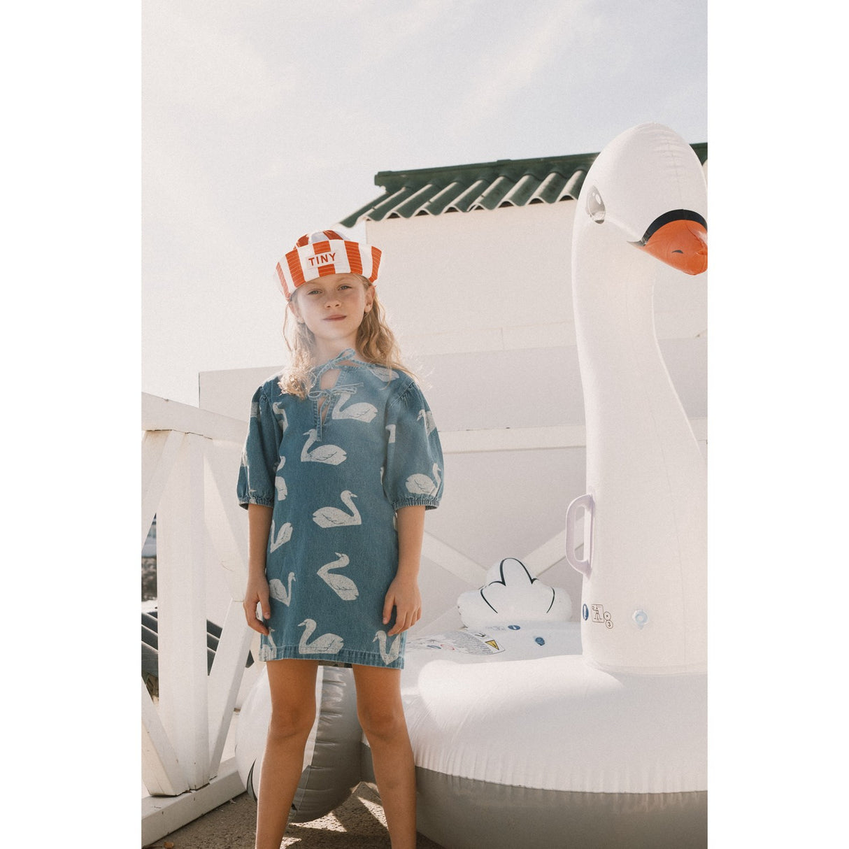 TinyCottons Medium Wash Denim Big Swans Dress