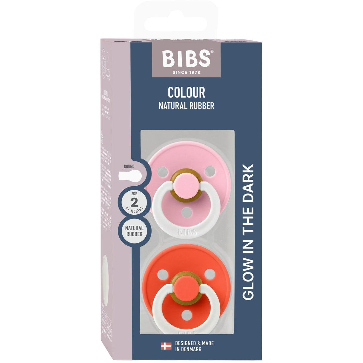 Bibs Baby Pink GLOW / Tango GLOW Pacifier Colour 2-Pack Latex