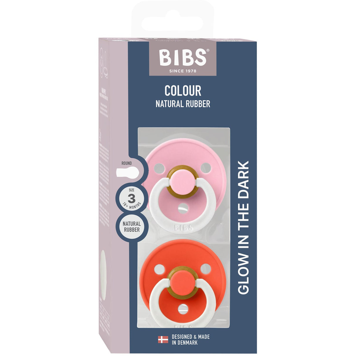 Bibs Baby Pink GLOW / Tango GLOW Pacifier Colour 2-Pack Latex