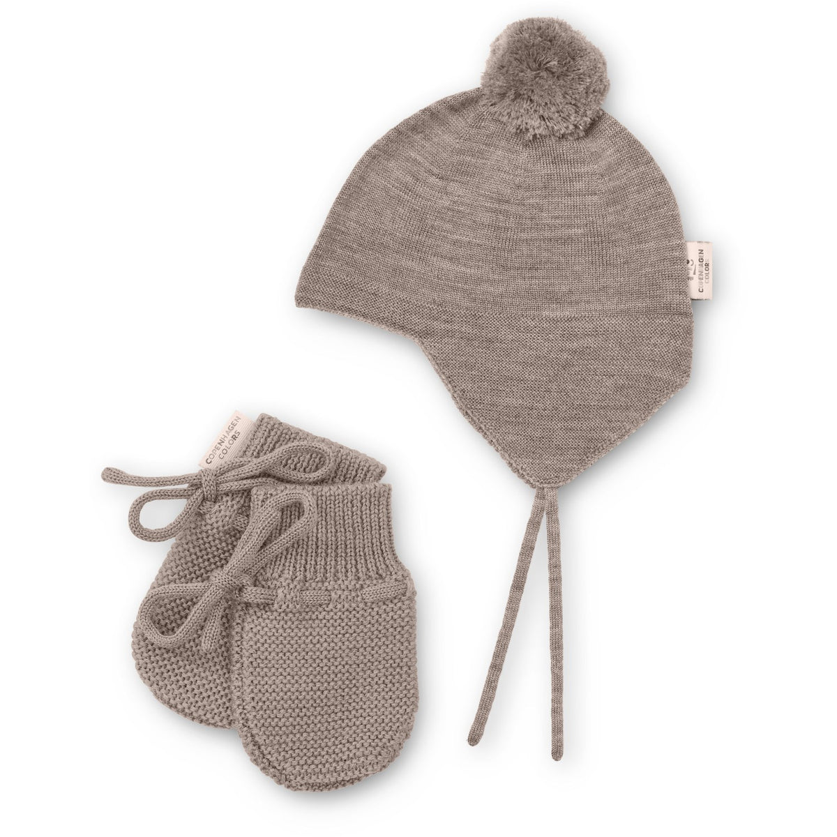 COPENHAGEN COLORS Natural Melange Merino Knitted Baby Bonnet W. Pompom + Baby Mittens
