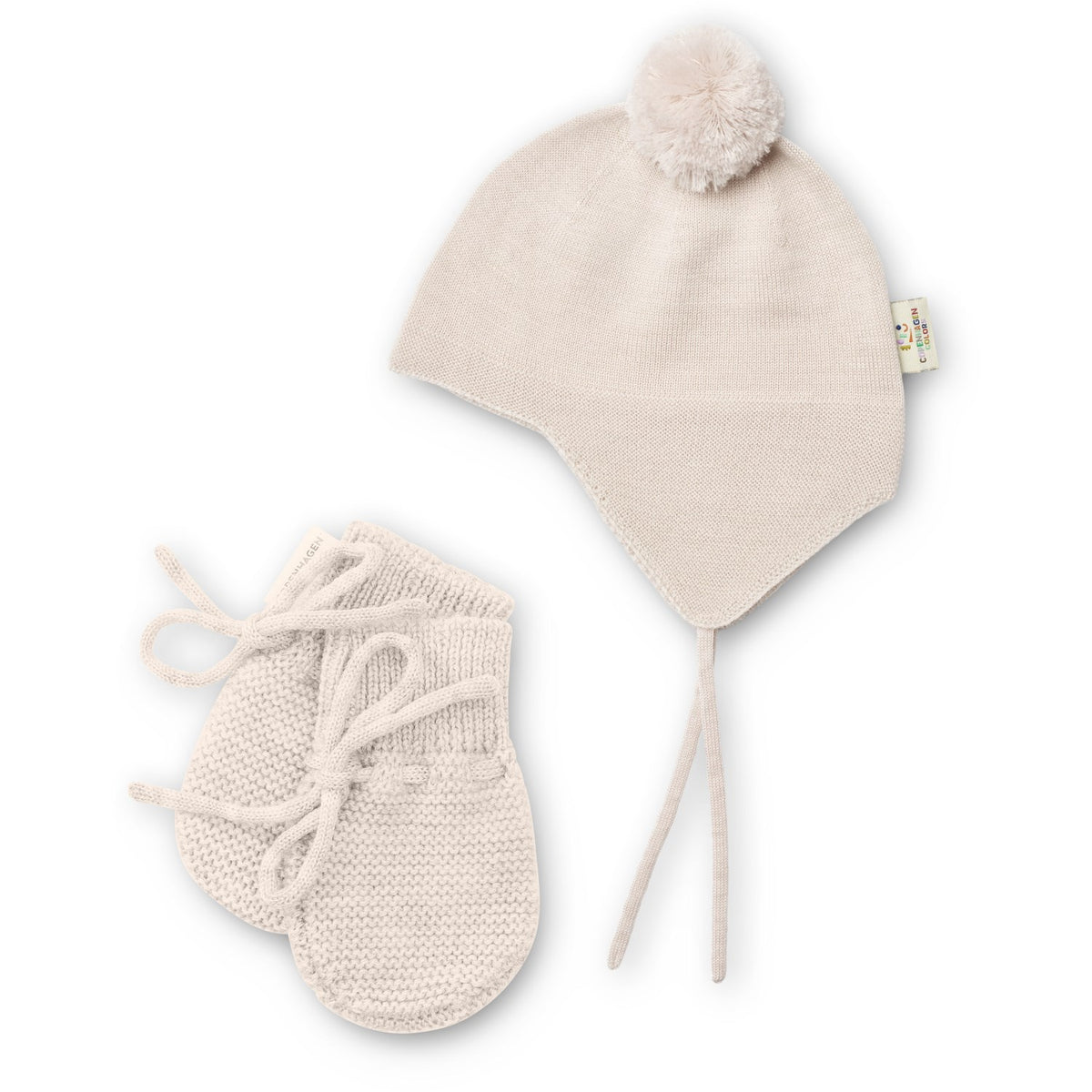 COPENHAGEN COLORS Pale Cream Melange Merino Knitted Baby Bonnet W. Pompom + Baby Mittens