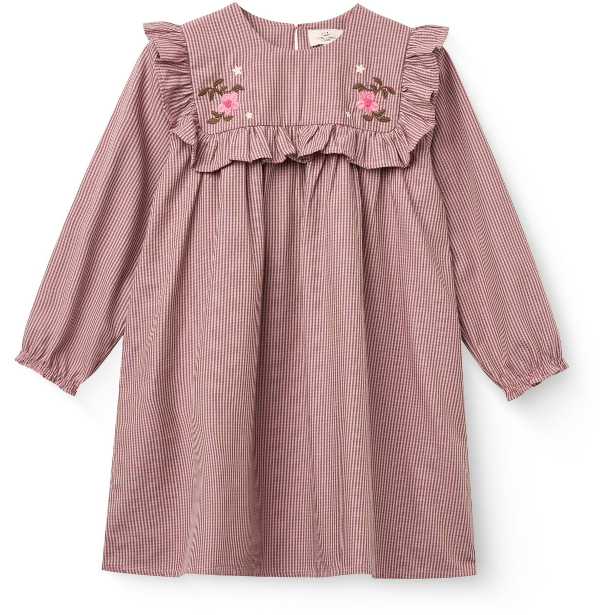 COPENHAGEN COLORS Winter Rose Check Comb Long-Sleeved Dress With All-Over Embroidery