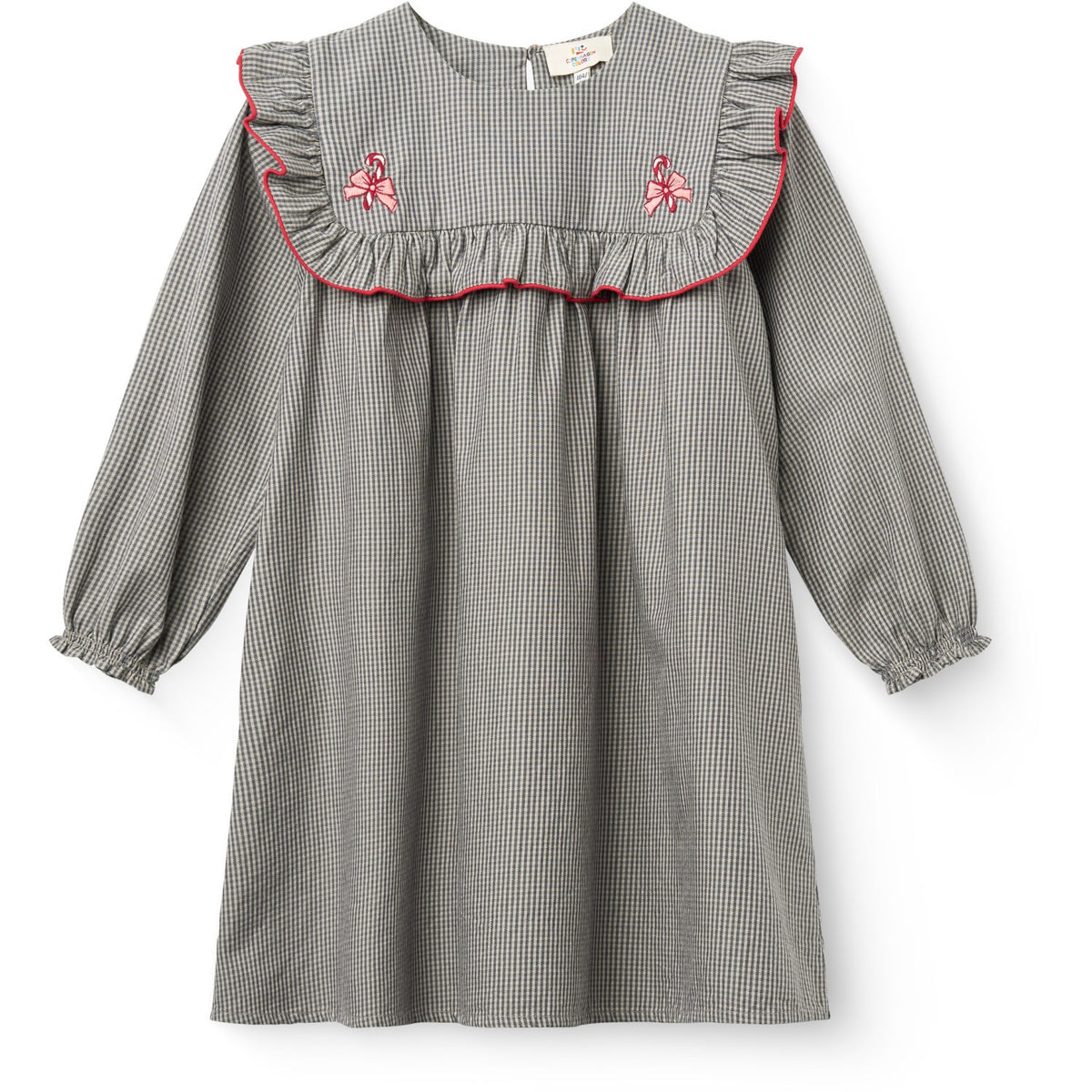 COPENHAGEN COLORS Grey Check Comb Long-Sleeved Dress With All-Over Embroidery
