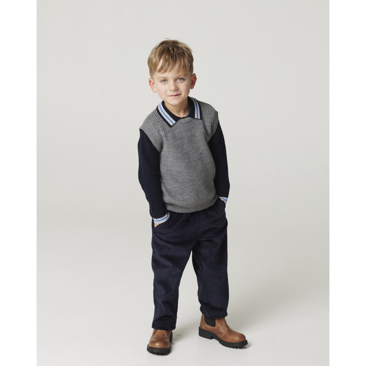 COPENHAGEN COLORS Navy Comb. Long-Sleeved Knitted Waffle Polo