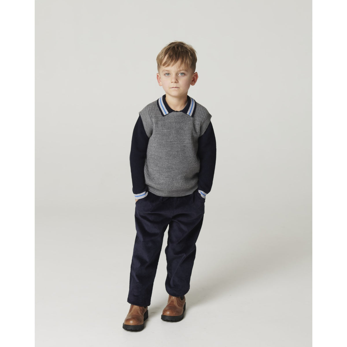 COPENHAGEN COLORS Navy Comb. Long-Sleeved Knitted Waffle Polo