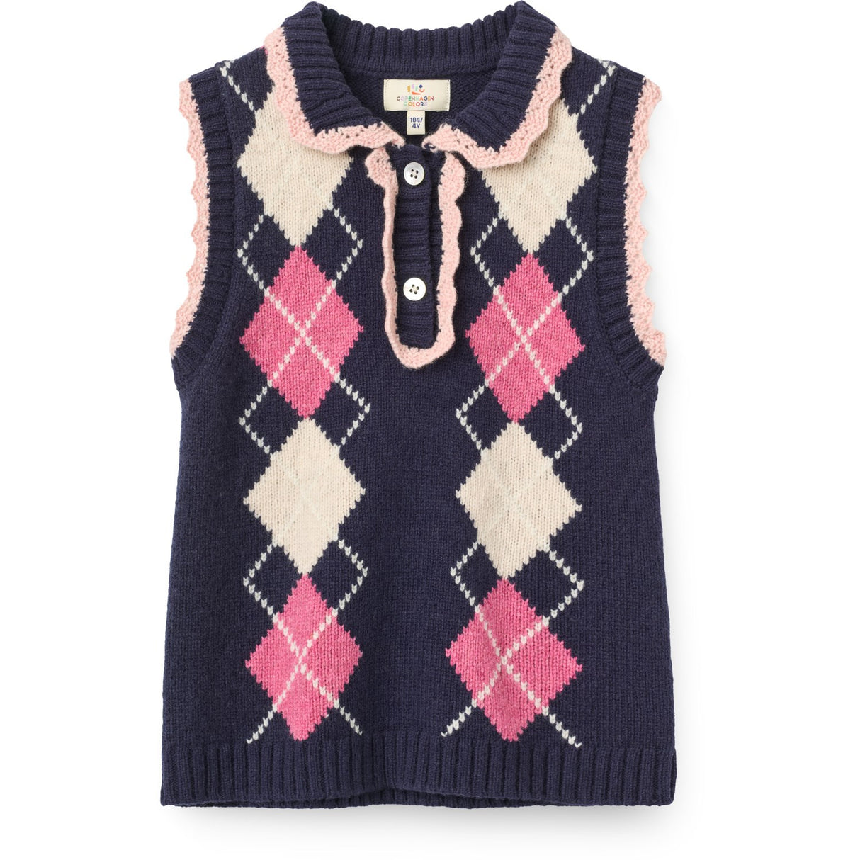 COPENHAGEN COLORS Navy/Soft Pink/Blossom Pink Comb. Argyle Vest W. Deco