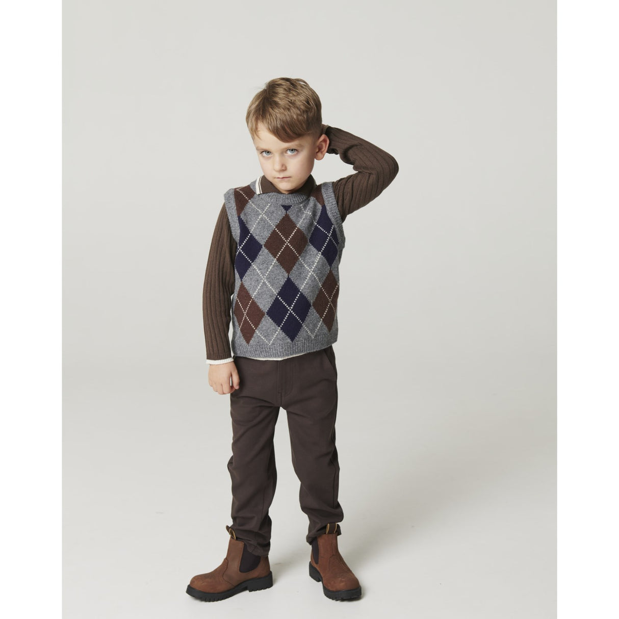 COPENHAGEN COLORS Grey Mel./Dk. Brown/Navy Comb. Argyle Knitted Vest