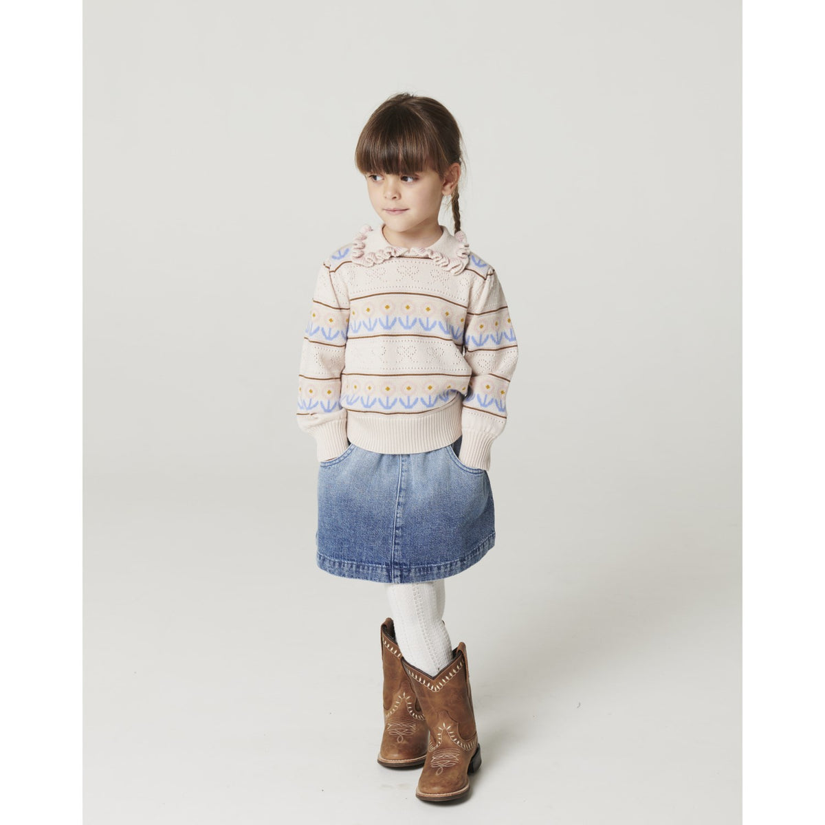 COPENHAGEN COLORS Beige Comb. Knitted Collar Blouse W. Pointelle & Pattern