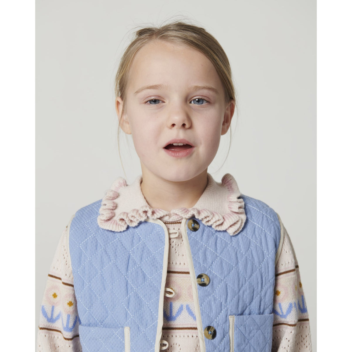 COPENHAGEN COLORS Beige Comb. Knitted Collar Blouse W. Pointelle & Pattern