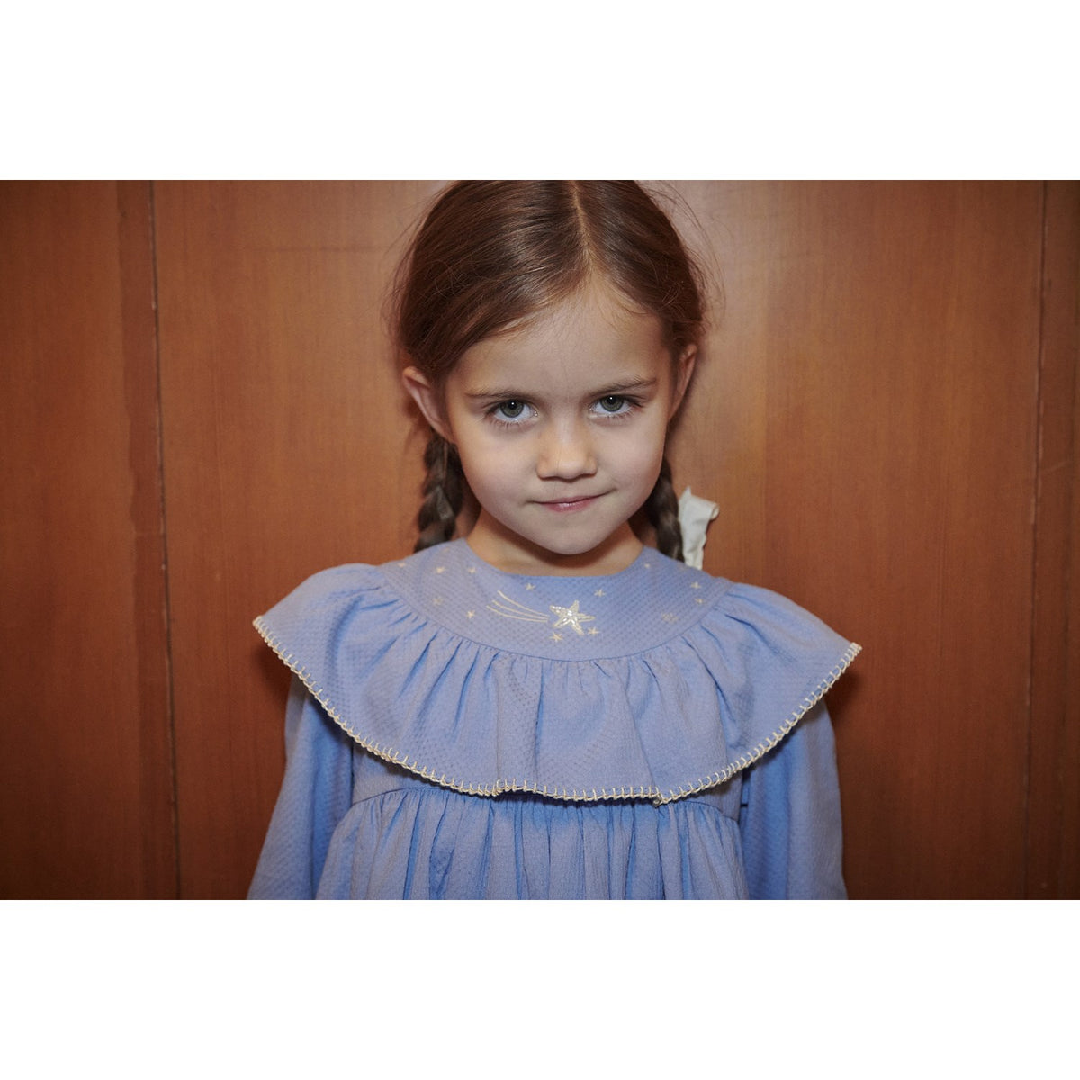 COPENHAGEN COLORS Endless Blue Dress W. Frill & Star Embroidery