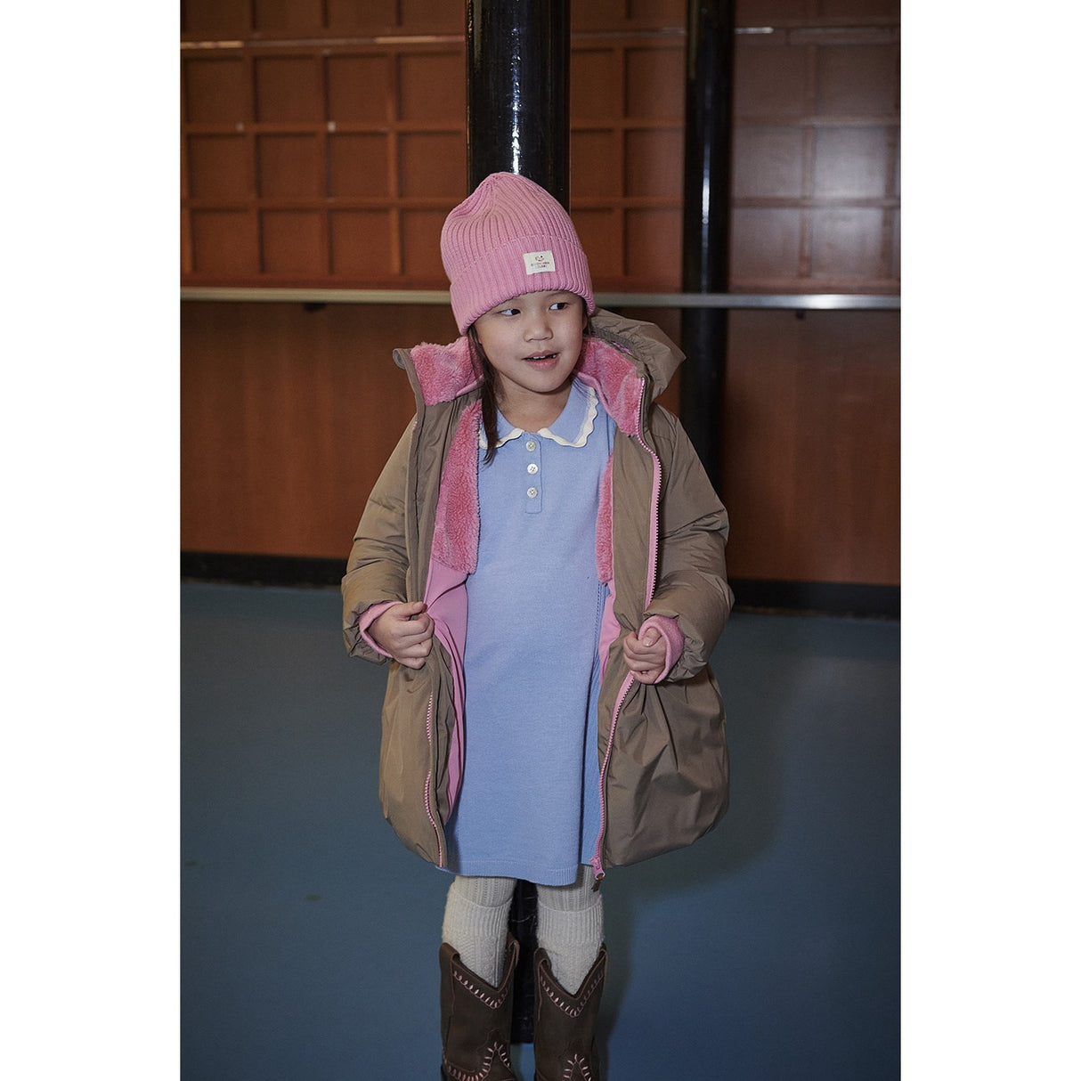 COPENHAGEN COLORS Walnut Puffer Long Frill Jacket W. Teddy Lining
