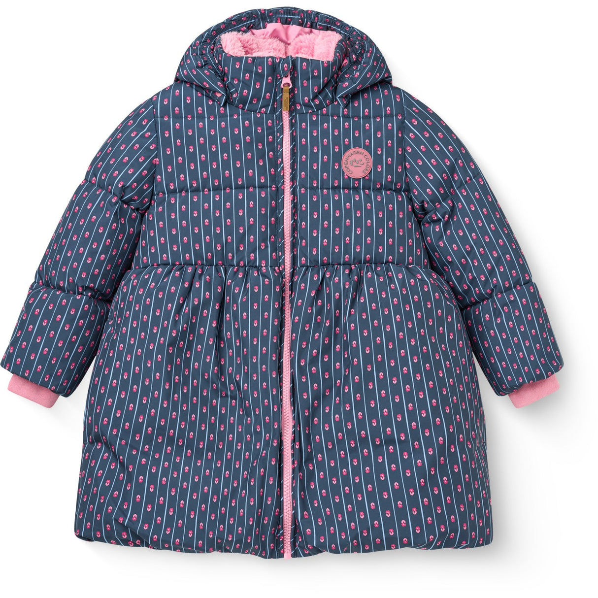COPENHAGEN COLORS Navy Flower Aop Puffer Long Frill Jacket W. Teddy Lining