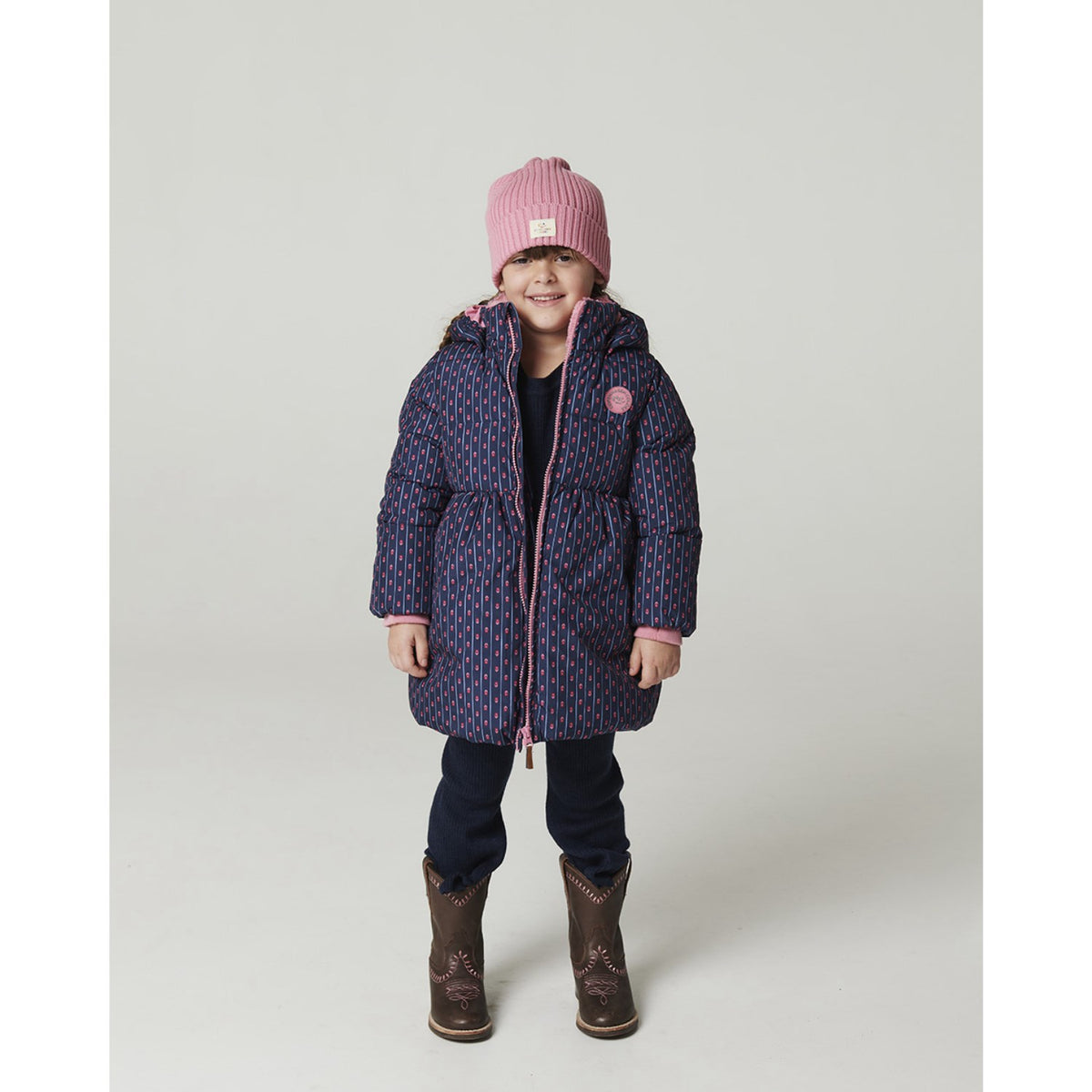 COPENHAGEN COLORS Navy Flower Aop Puffer Long Frill Jacket W. Teddy Lining