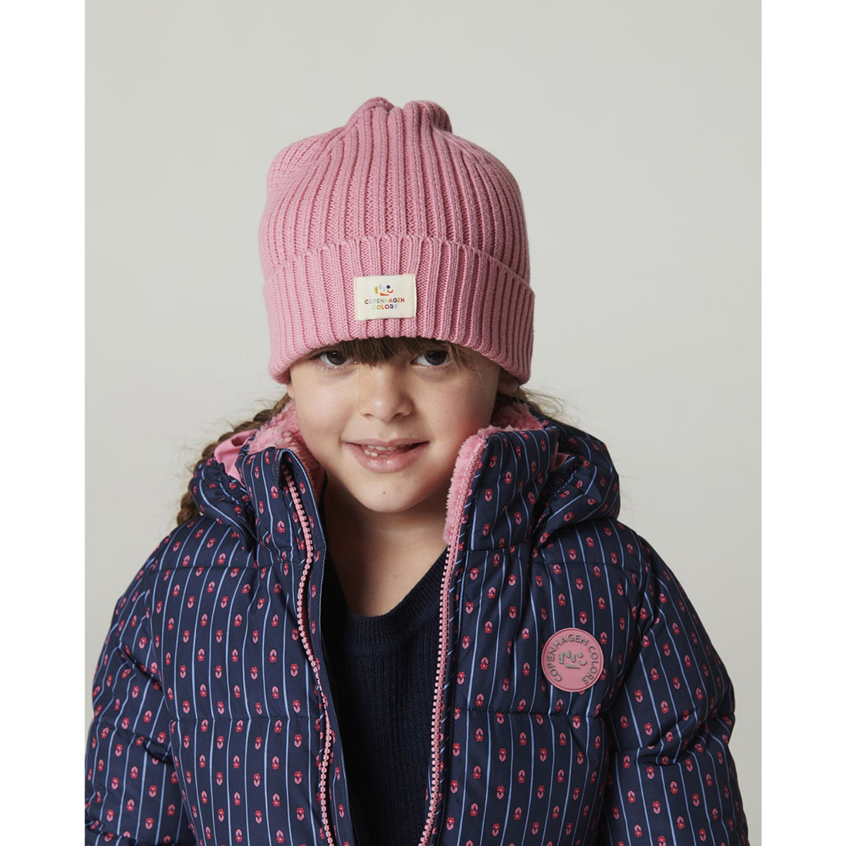 COPENHAGEN COLORS Navy Flower Aop Puffer Long Frill Jacket W. Teddy Lining