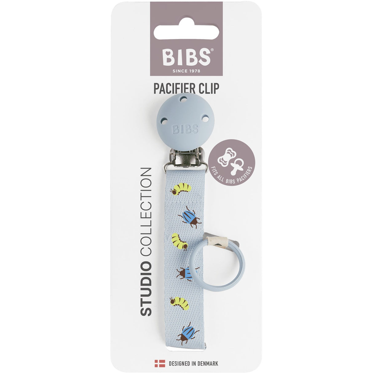 Bibs Dusty Blue Studio Pacifier Clip Ribbon Caterpillar Beetle Mix
