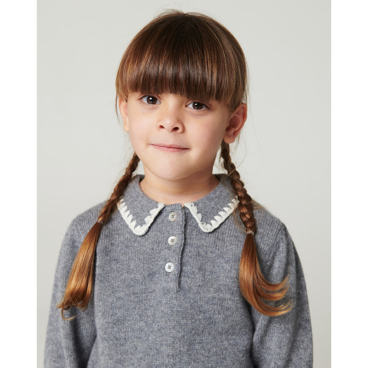 COPENHAGEN COLORS Grey Melange Comb. Cashmere Blouse W. Collar & Blanket Stitch