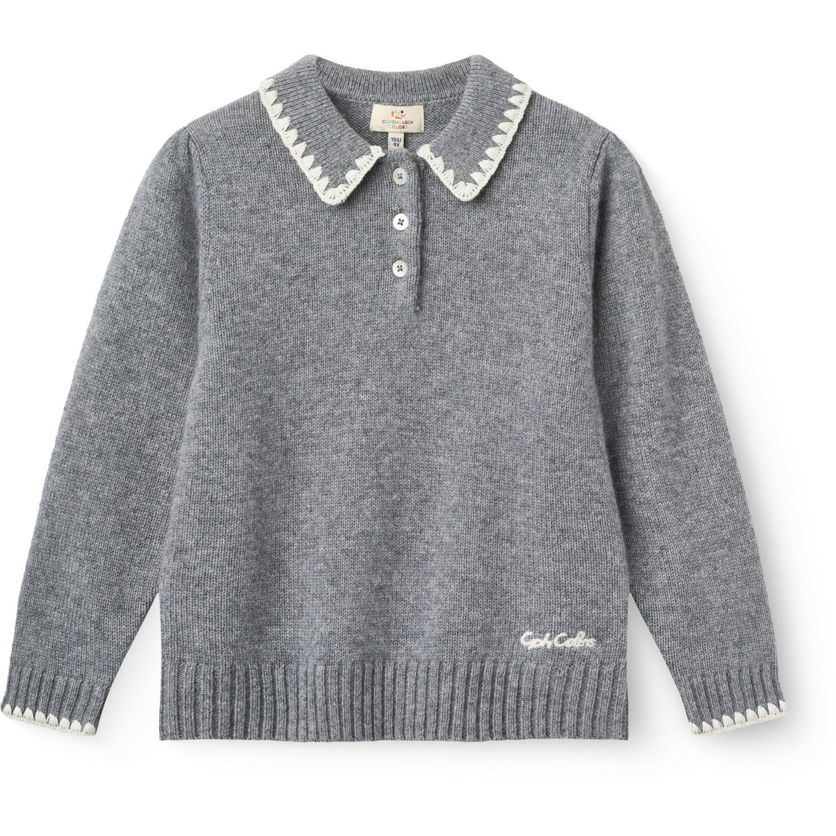 COPENHAGEN COLORS Grey Melange Comb. Cashmere Blouse W. Collar & Blanket Stitch