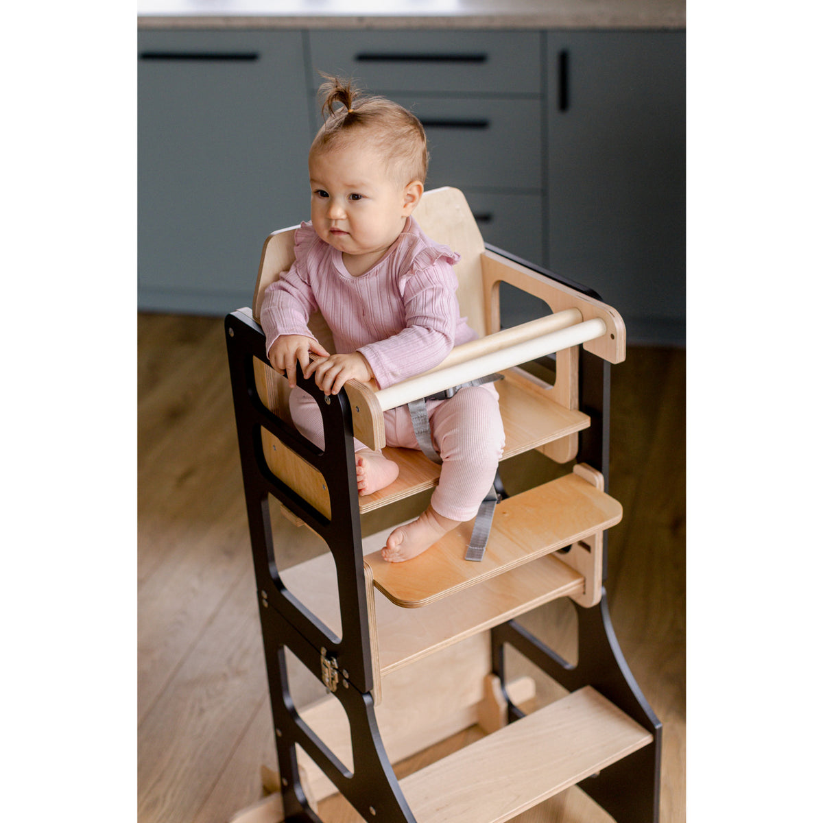 Duck Woodworks Black Foldable EC Kitchen Tower With High Chair Addon Set